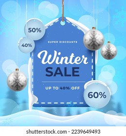 Winter sale banner. Sale tag with Christmas balls. Vector illustration for winter holiday discounts.