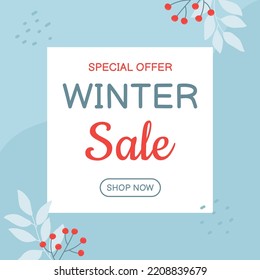 Winter sale banner template in blue colors with twigs. Template for social media, banner, poster, flyer. Vector illustration