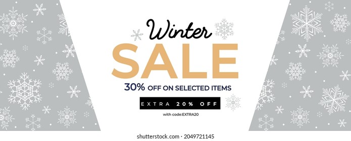 Winter sale banner template in flat style. Nordic style design with snowflakes. Christmas sale background for flyer, banner, poster, greeting card etc.