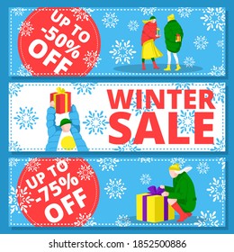 Winter sale banner template. New Year and Christmas special offer advertising banner, poster, background, flyer for shop, online store cartoon vector illustration