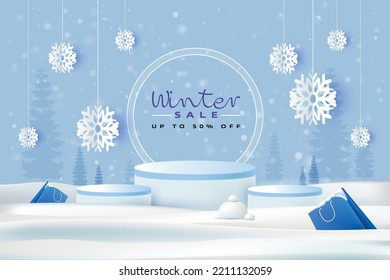 Winter sale banner template podium platform with snowflakes and shopping bags in snow