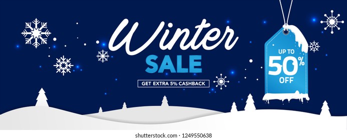 Winter sale banner template with snow flakes, ice snow shopping sale. end of winter Vector illustration template