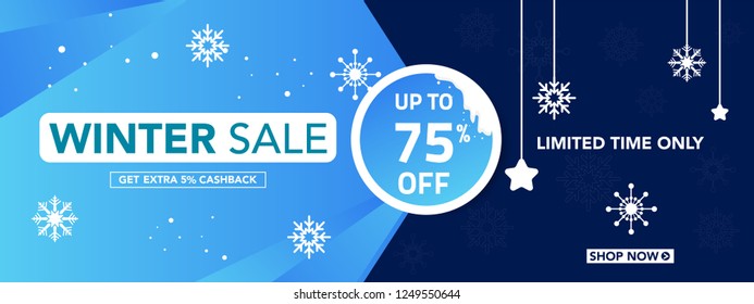 Winter sale banner template with snow flakes, ice snow shopping sale. end of winter Vector illustration template