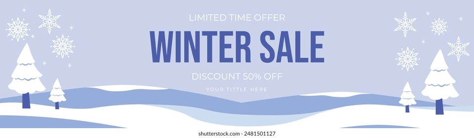 Winter sale banner template with snow flakes and trees, sale design Vector illustration