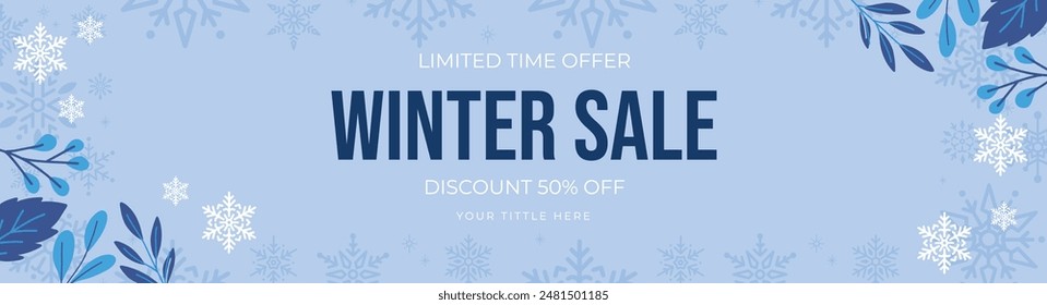 Winter sale banner template with snow flakes and leaves, sale design Vector illustration