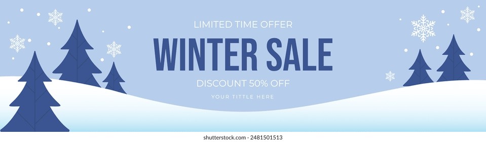 Winter sale banner template with snow flakes and forest, sale design Vector illustration