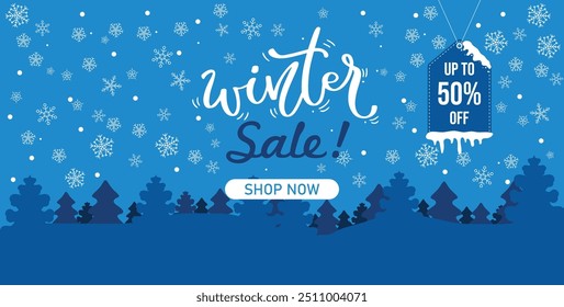 Winter sale banner template with snow flakes. Ice snow shopping sale. Winter Vector illustration