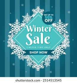 Winter sale banner template with snow flakes, ice snow frame shopping sale. end of winter Vector illustration