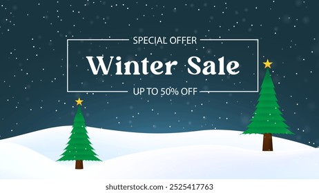 Winter sale banner template with snow flakes and forest, sale design Vector illustration. Snowdrifts. Snowfall. Clear blue sky. Snowy weather. Design elements for poster
