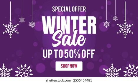 Winter sale banner template with snow flakes, ice snow shopping sale. end of winter Vector illustration.