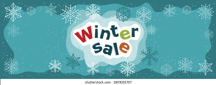 Winter sale banner template with snowflakes. Vector illustration in flat style.  