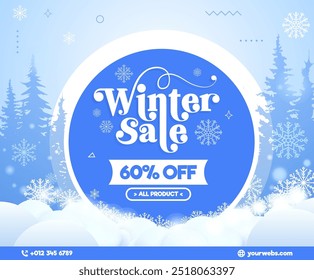 Winter sale banner template with snowflakes and trees background. 