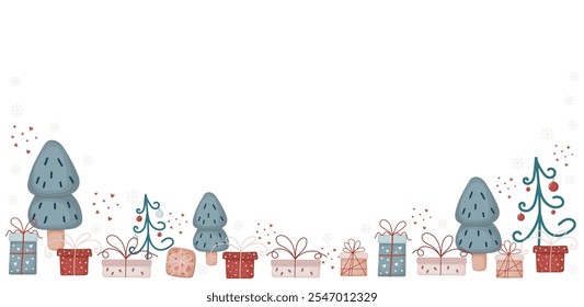 Winter sale banner template with snowflakes, gift boxes, Christmas trees.