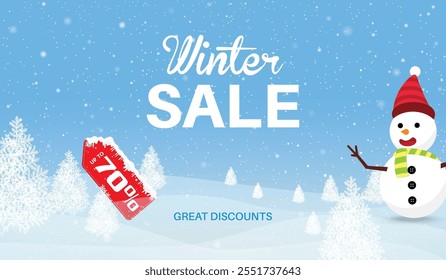 Winter sale banner template with snowflakes, snow man and trees background.