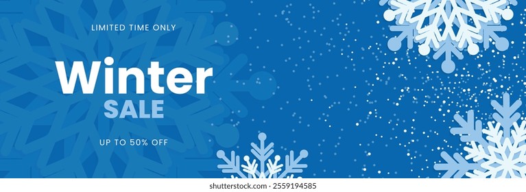 Winter sale banner template with snowflakes. Seasonal sales promotion background. Vector illustration