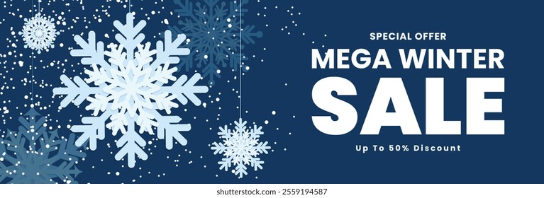 Winter sale banner template with snowflakes. Seasonal promotion design on blue background. Vector illustration