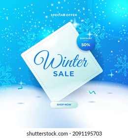 Winter sale banner template for social media post, square flier concept with snowflakes decoration