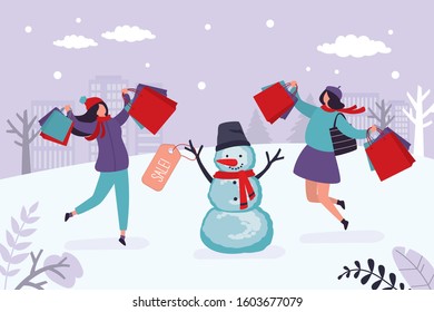 Winter sale banner template.Happy women shoppers. Caucasian girls holds packages. Big christmas discount concept. Female character with shopping bags, snowman with sale label. Vector illustration