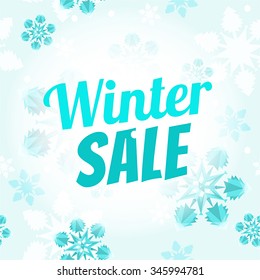 Winter sale banner with text in front of flying snowflakes. Christmas sale label. Vector illustration