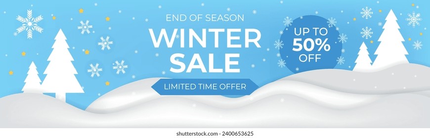 Winter sale banner. Winter sale text promo with white snowflakes element in blue background. Vector Illustration.