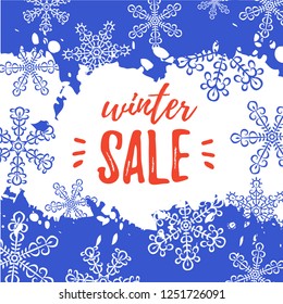 Winter sale banner. Vector background with snowflakes, paint. Promotion temlate.