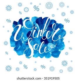 Winter Sale banner. Vector background. Calligraphy. Lettering. Blue Watercolor.