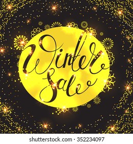 Winter Sale banner. Vector golden background. Calligraphy. Lettering. Snowflakes.