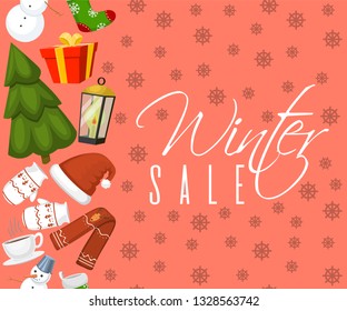 Winter sale banner vector illustration. Nature landscape with Christmas tree, snowman, sock, mittens, cup of hot drink hat, scarf, earmuffs. Happy New Year. Snowy weather.