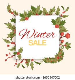 Winter sale banner vector illustration with text, flowers branch. Winter season big sale and discout banner.