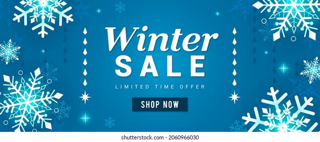 Winter Sale banner vector illustration. Glowing Snowflakes on blue background