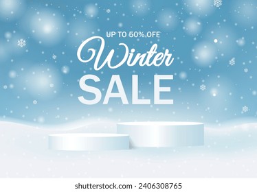 Winter Sale Banner And White Podium And Snowflake With Gradient Mesh, Vector Illustration