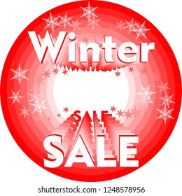 Winter sale banner. White text and snowflakes on red circle background, in center there is free space for text. Vector