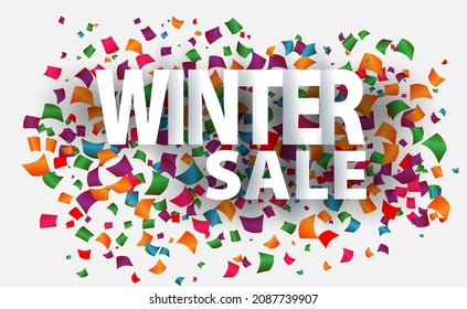 Winter sale banner is white. Vector illustration of a winter sale advertisement made of white letters on a background of falling tinsel.