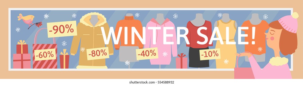Winter sale banner. Woman shopping. Flat illustration showcase clothing store. Shop window and sale tags.