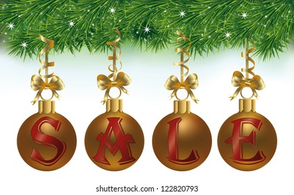 Winter sale banner with xmas golden balls, vector illustration