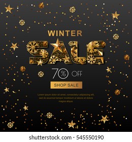 Winter sale banners with 3d gold stars and snowflakes. Vector winter holidays poster, golden black background. Layout for discount labels, flyers and shopping.