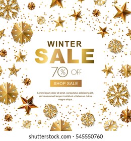 Winter sale banners with 3d gold stars and snowflakes. Vector winter holidays poster, golden white background. Layout for discount labels, flyers and shopping.