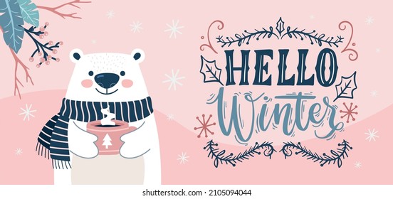 Winter sale banners kids template. Cute bear design for promo posts. Winter design with pink background. Vector Illustration