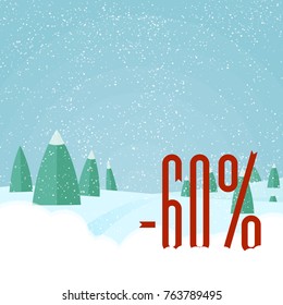 Winter Sale - Beautiful Forest, Winter Landscape, Flat, New Year, Vector Illustration