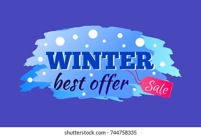 Winter sale best offer advert with icy colorful sign isolated on blue background. Vector illustration with seasonal discount promotion