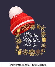 Winter sale best offer poster knitted red hat on golden snowflakes frame. Warm headwear item, cloth woolen chunky yarn, hand knitting crochet headdress