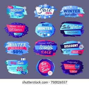 Winter sale best offer set of twelve icons with icy signs isolated on gray background. Vector illustration with discount promotion