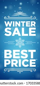 Winter sale and Best prise banner on blue background with snowflake in the middle