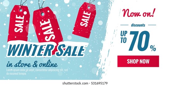 Winter sale blue and red horizontal banner.Snowy sale poster with price tags and brush strokes.    Vector illustration.