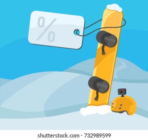 Winter sale. Board for snowboarding. Rental of equipment. Extreme rest. Record live video. Winter sports. Discount on the purchase in the sports shop. Mountain background. Stream sports.
