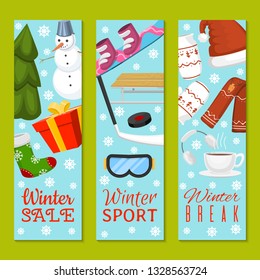 Winter sale, break set of banners vector illustration. Nature landscape with Christmas tree, snowman, sledge snowboard hat scarf ear muffs. Happy New Year. Snowy weather.