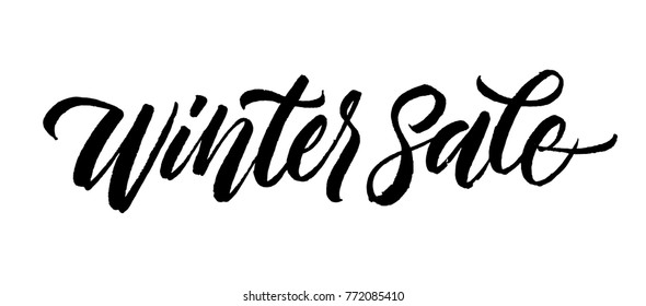 Winter sale calligraphy handwriting inscription. Black on white brush pen lettering. Holiday typography