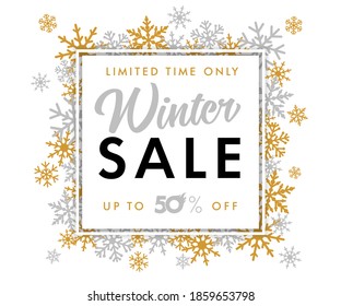 Winter Sale with calligraphy text — limited time only, up to 50% off. Merry Christmas sale banner, special offer -50%, silver and golden snowflake on white background. Luxury vector illustration