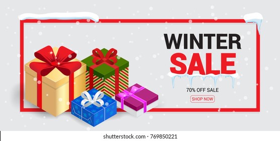 Winter sale card or banner. Discount offer price label, symbol for advertising campaign in retail, sale promo marketing, 70 off discount sticker, ad offer on shopping day