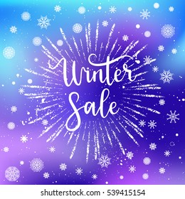 Winter sale card, banner. Vector holidays shape with hand lettering calligraphic, snow. Christmas blurred background.